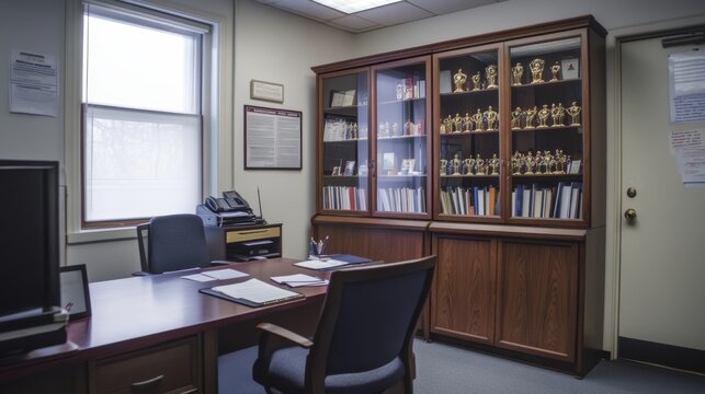 Principals office in school with desk, chairs, bookcase and showcase with sport trophies. Vector cartoon empty interior of headmaster cabinet for meeting and talking with teachers, pupils and parents