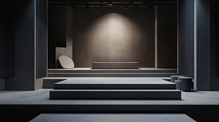 A stage with a minimalist design featuring simple geometric shapes and clean lines 