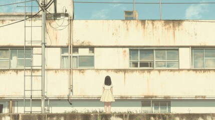 A girl stands on a rooftop overlooking a weathered building under a clear sky.