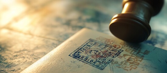 Passport Stamping Close-up of a wooden stamper on a passport with multiple entry and exit stamps.