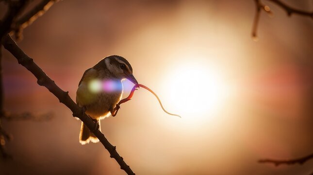 Early bird cathes the worm at sunrise