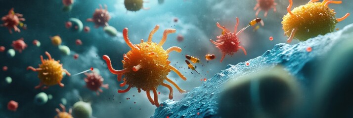 Cartoon style bacteria engage antibodies in a vibrant microscopic battle. Generative AI