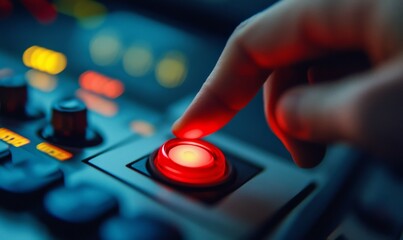 Urgent Situation Concept. hand pressing red alert button in control room, signaling urgency