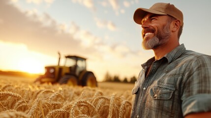 A happy farmer enjoys a moment in a wheat field at sunset, capturing the essence of rural life and the satisfaction of hard work with a tractor in the background.