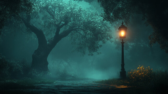 A glowing lantern stands alone in a dark, dense forest, symbolizing hope, resilience, and guidance amidst uncertainty. Blurred empty space suggests chaos and limitless potential beyond.
