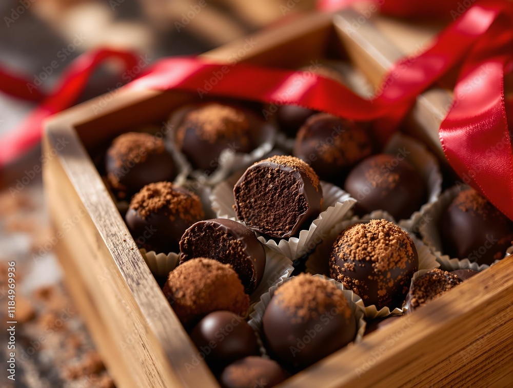 Poster wooden box filled with chocolate truffles, some coated in cocoa powder. a red ribbon is wrapped arou