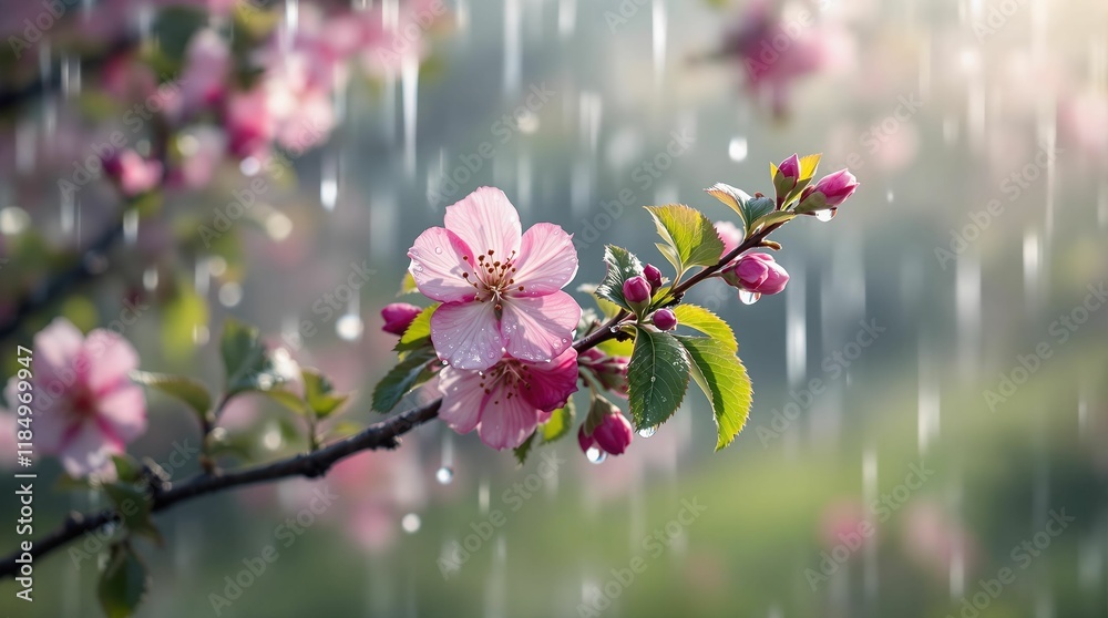 Poster cherry blossom branch with pink flowers in the foreground, while raindrops are falling around it, creating a serene and refreshing atmosphere.