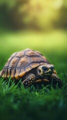 Obraz premium A close-up of a tortoise on lush green grass, showcasing its intricate shell patterns and vibrant details.