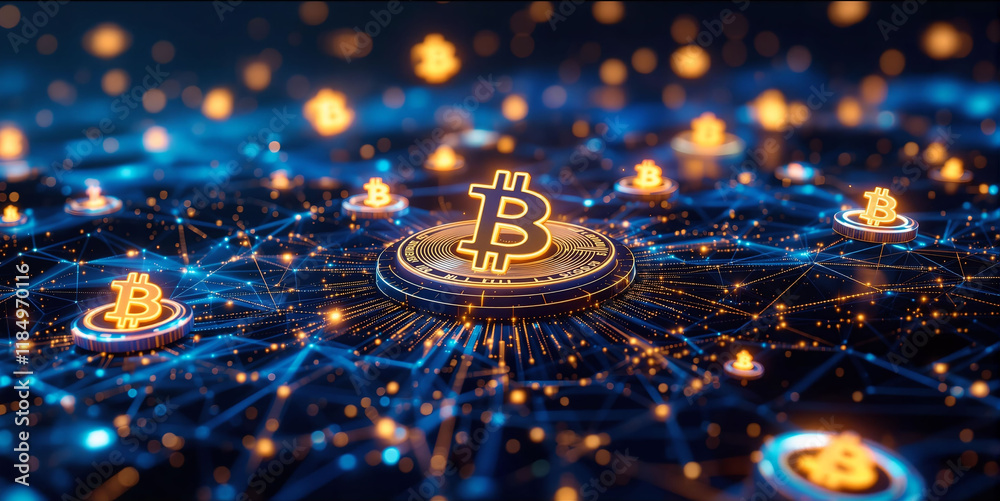 Aufkleber a 3D rendering of a digital network with a Bitcoin symbol in the center, surrounded by glowing nodes and connections, representing a blockchain or cryptocurrency concept.