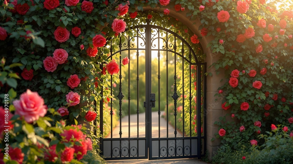 Aufkleber archway adorned with red roses and surrounded by lush greenery, creating a romantic and serene atmos