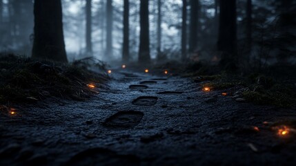 Obraz premium Mystical forest path at night with glowing lights and footprints in the mud.