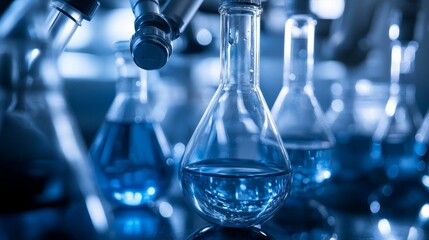 Laboratory glassware, blue liquid, scientific experiment.