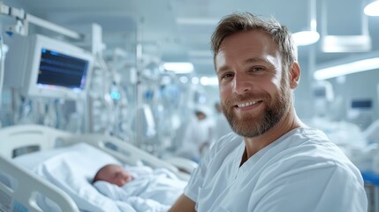 A smiling caregiver beams with joy while cradling a newborn in a peaceful hospital room, embodying compassion and the miracle of life captured in a heartfelt moment.