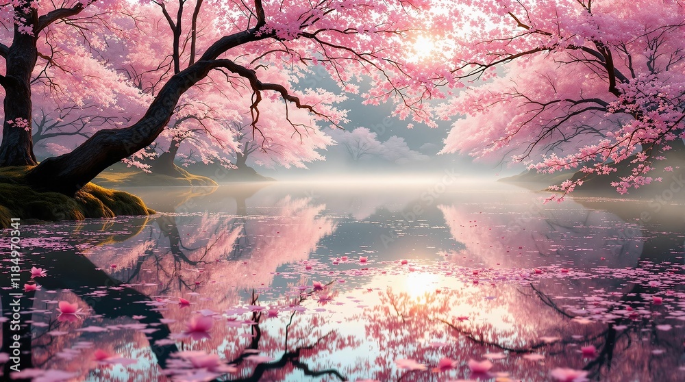 Poster the image depicts a serene scene with a tree with pink blossoms reflected in a calm body of water, s