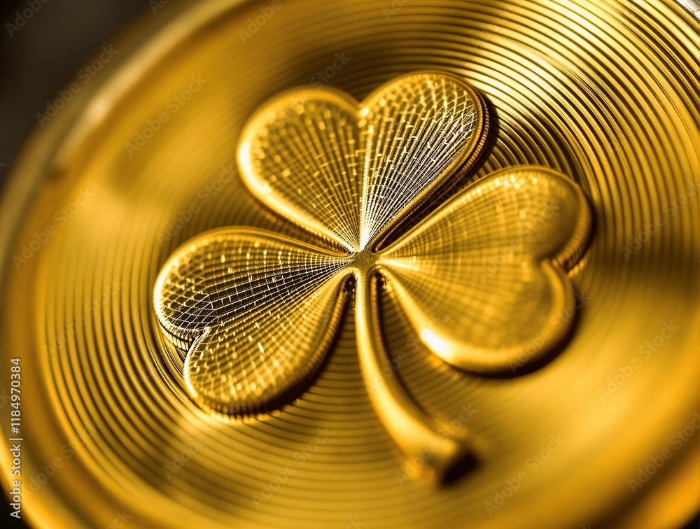 Poster a gold coin with a four-leaf clover design on it. The coin has a textured surface and is set against a blurred background.