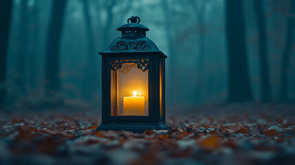 A glowing lantern stands alone in a dark, dense forest, symbolizing hope, resilience, and guidance amidst uncertainty. Blurred empty space suggests chaos and limitless potential beyond.
