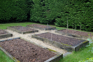Empty raised beds in a vegetable garden, UK gardening