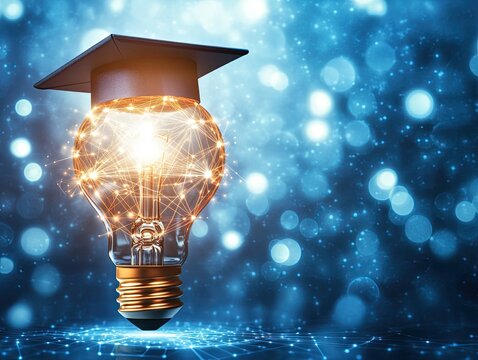 A modern smart education concept featuring a bachelor's cap and a light bulb against a blue backdrop.  photo - Powered by Adobe
