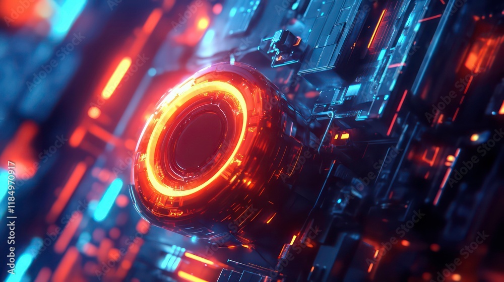 Fototapete abstract digital art depicting a glowing orange ring within a complex technological structure.