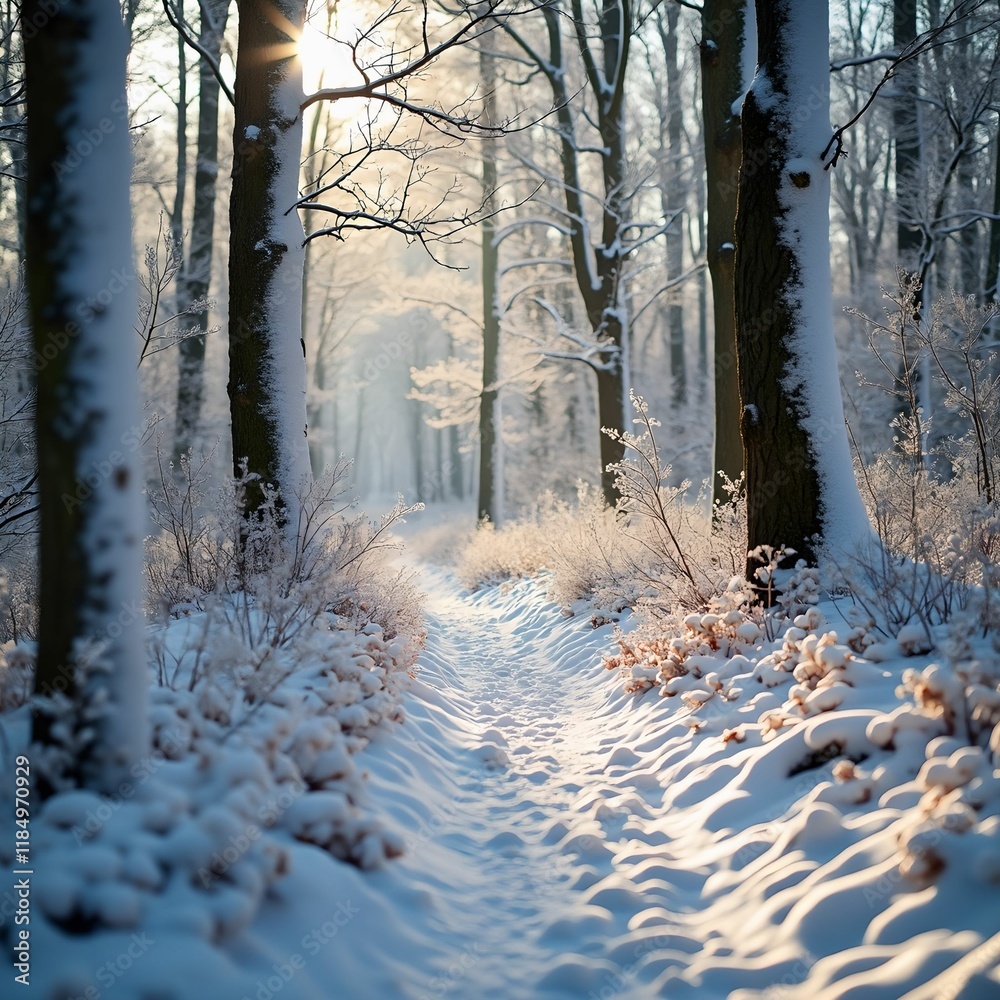 Aufkleber serene winter scene with snow-covered trees and a pathway leading through a forest. The sunlight filters through the trees, casting a warm glow on the snow.