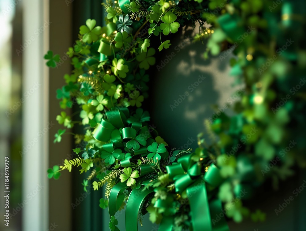 Poster close-up of a green wreath with a ribbon tied in a bow, placed in front of a window with green trim.