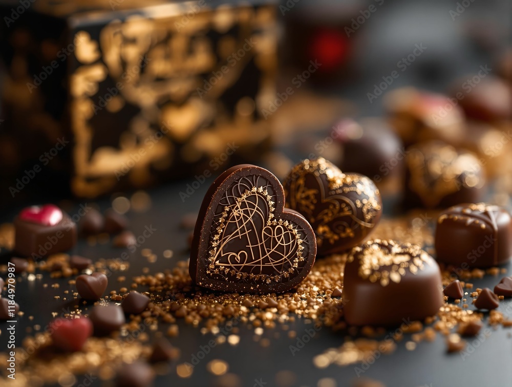 Poster close-up of a chocolate heart-shaped truffle surrounded by other chocolate pieces and sprinkled with