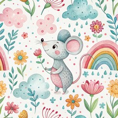Obraz premium Cute mouse and colorful floral patterns with rainbows and clouds