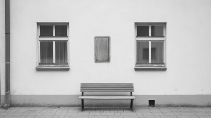 Black and white photo of a simple bench in front of a building with two windows and a blank plaque.