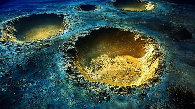 A surreal view of a meteor impact crater featuring glowing craters.