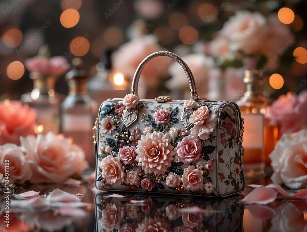 Aufkleber stylish handbag adorned with floral designs, set against a background of soft-focused lights and add