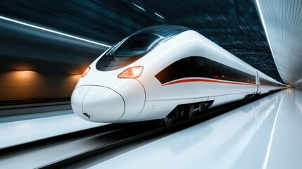 Fototapeta premium This image depicts a futuristic train rapidly moving through a tunnel, exemplifying speed, technology, and modern engineering in transportation systems.