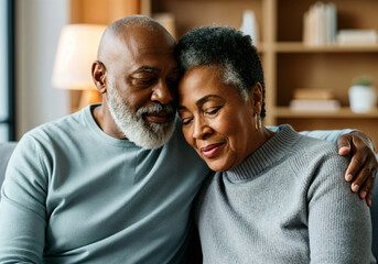 Obraz premium Elderly couple embracing tenderly on sofa, enjoying a quiet moment of affection and togetherness in their living room