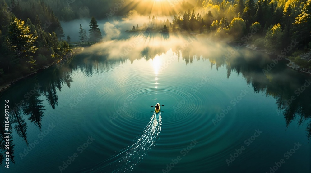 Poster serene lake surrounded by trees, with a boat leaving a trail on the water and sunlight reflecting of