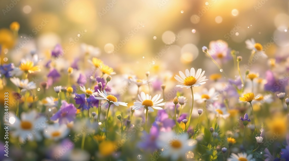 Poster field of daisies and other wildflowers in bloom, with a bokeh effect in the background. The lighting is warm and golden, creating a serene and picturesque scene.