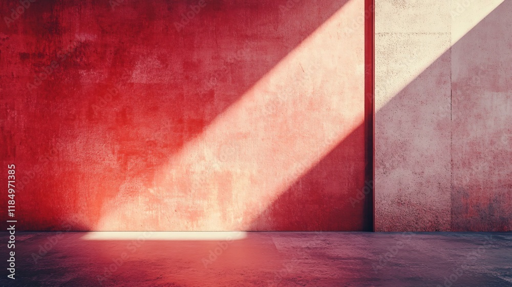 Fototapete Light beam creating a triangle on red wall in empty room