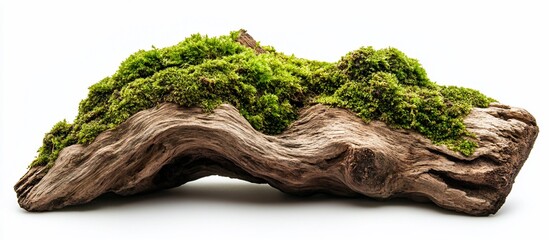 Lush green moss thriving on a piece of driftwood, isolated on white.