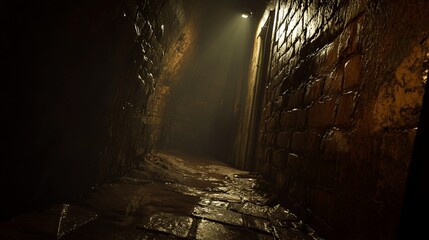 Obraz premium Dark, damp alleyway with stone walls, lit by a single light source.