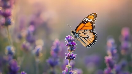 Obraz premium monarch butterfly perched on a purple lavender flower. The background is blurred with more lavender flowers, creating a soft, pastel-colored backdrop.