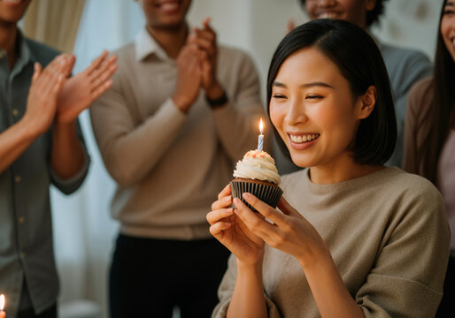 Happy young woman holding a cupcake with a lit candle, smiling with her friends clapping in the background