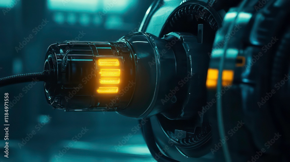 Poster close-up of a futuristic glowing technological device with intricate details and a dark blue backgro