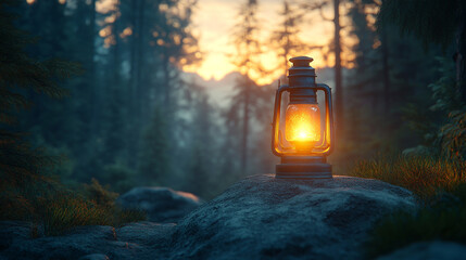 Fototapeta premium A glowing lantern stands alone in a dark, dense forest, symbolizing hope, resilience, and guidance amidst uncertainty. Blurred empty space suggests chaos and limitless potential beyond. 