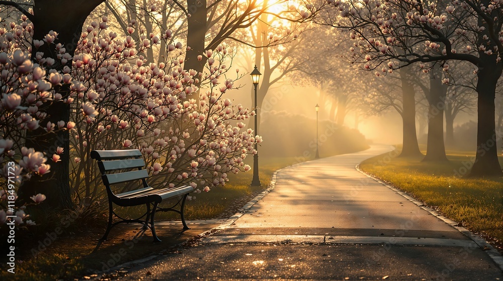 Aufkleber park bench in a serene setting with a snowy pathway, trees in the background, and a pink flowered tr
