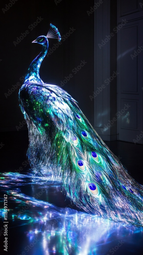 Poster a stunning peacock stands proudly, its feathers vividly illuminated with mesmerizing colors. the gal