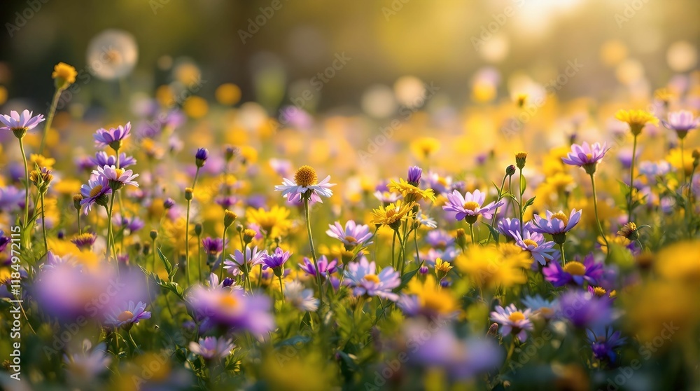 Poster field of wildflowers, with a variety of colors including yellow, purple, and green. The flowers are in the foreground, and the background is blurred, creating a bokeh effect with soft light and shadow