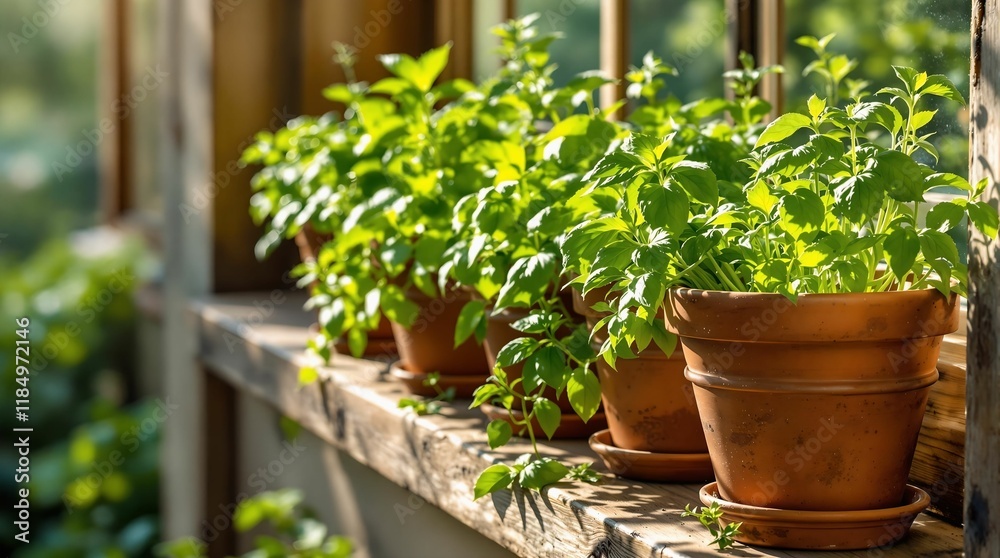 Poster row of potted plants on a windowsill, with sunlight streaming through the window, creating a warm and inviting atmosphere.