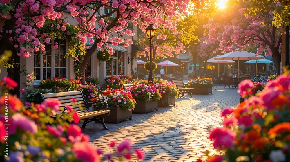 Poster charming outdoor scene with a lush, blooming tree, vibrant flowers in the foreground, and a pictures