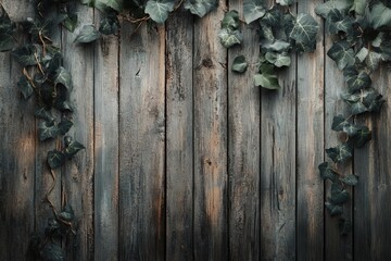 Fototapeta premium Dark, rustic wooden planks with lush green ivy vines growing on them, creating a natural, aged backdrop.