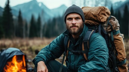 Fototapeta premium The image features a hiker with a beard, wearing warm clothing, in a serene forest setting with a campfire, reflecting the spirit of adventure and connection with nature.