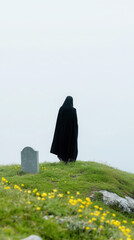 Eerie presence of a banshee in misty graveyard with foreboding atmosphere