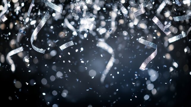 Holographic confetti flying on black background. Vector realistic illustration of glitter foil pieces sparkling in darkness, festive bokeh overlay effect, iridescent silver streamer falling at party